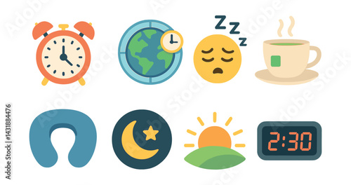 Essential icons set for jet lag management: alarm, sleep mask, world clock, and more (flat style). Vector icons