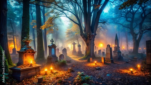 Spooky Halloween Graveyard in Dark Forest - Long Exposure Night Photography
