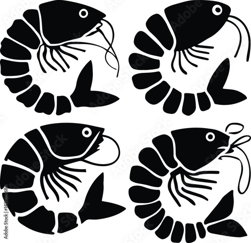 Set of black shrimp silhouette vector icons, perfect for seafood logos, restaurant menu design, fishing labels, prawn illustrations, marine food packaging, and culinary branding projects in minimal st