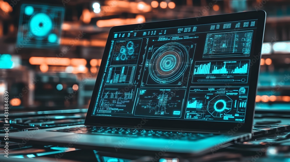 Fototapeta premium A laptop displays a futuristic, teal-colored interface filled with data visualizations, graphs, and charts. The background is blurred, suggesting a technological or industrial setting.