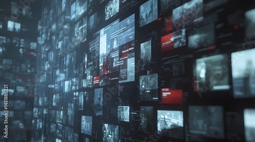 Abstract digital wall of countless screens displaying news headlines, videos, and data streams. Futuristic concept of information overload and data visualization.