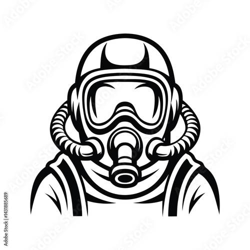 Black and White of Person Wearing Full Hazmat Suit with a Gas Mask