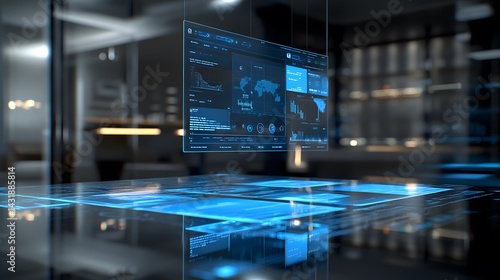 Wallpaper Mural Futuristic holographic display showing data analytics, charts, and world map.  Suspended above a sleek glass table in a modern office setting.  Represents innovative technology and data visualization. Torontodigital.ca