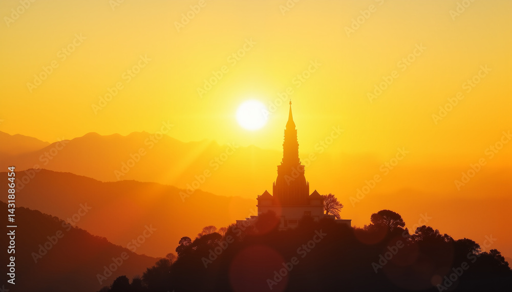 Fototapeta premium Charming pagoda silhouette at golden sunrise, essence of peace