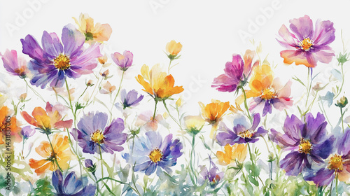 Elegant wedding invitation card background . Minimal hand painted watercolor Cosmos flowers texture template background. Design for wedding, vip cover, poster, rsvp moderncard.Valentine's Day