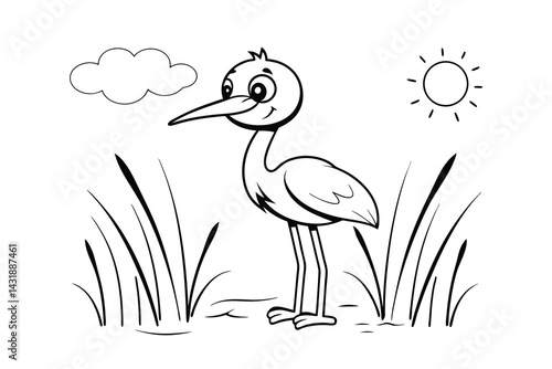 Cartoon heron standing in wetland illustration for coloring book cute bird outline black and white