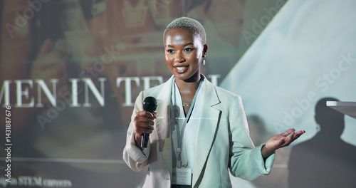 Canvas Print Business, speech and black woman at conference for motivation at tech seminar with mic