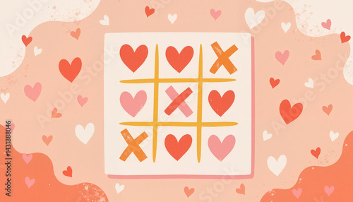Cheerful tic-tac-toe game with hearts and crosses, playful design