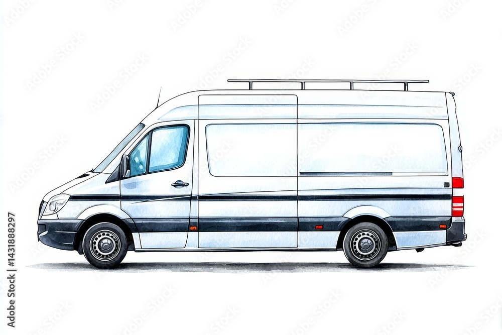 White Cargo Van with Roof Rack Illustration - Side profile illustration of a white cargo van equipped with a roof rack, ideal for transportation and delivery services White Cargo Van with Roof Rack Illustration - Side profile illustration of a white cargo van equipped with a roof rack, ideal for transportation and delivery services