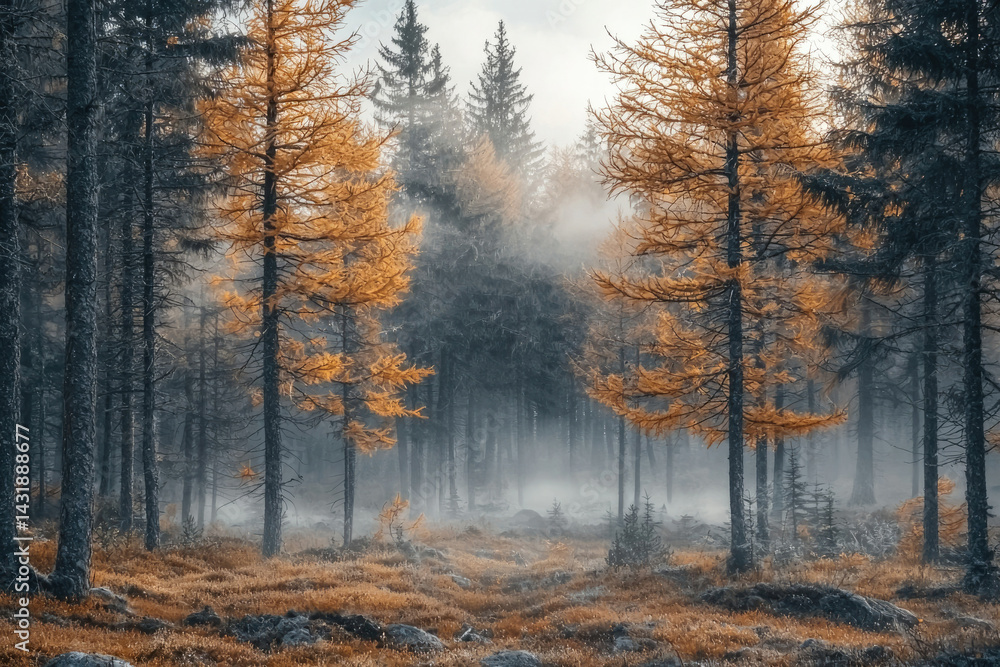 Misty autumn forest with golden larch trees, serene and peaceful atmosphere. Misty autumn forest with golden larch trees, serene and peaceful atmosphere.