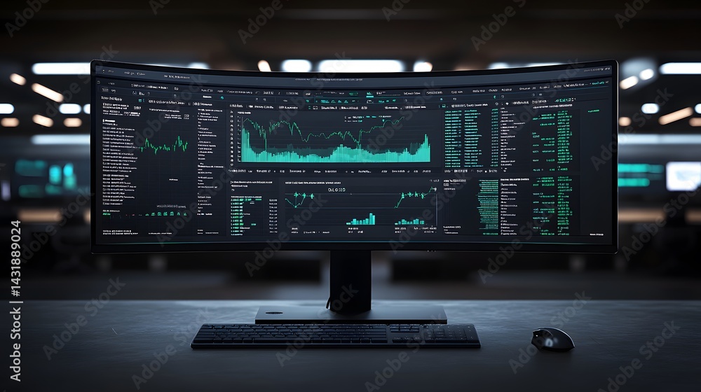 A curved monitor displays complex financial data, stock market charts, and code. The dark aesthetic creates a professional, tech-focused atmosphere in a dimly lit office setting. A curved monitor displays complex financial data, stock market charts, and code. The dark aesthetic creates a professional, tech-focused atmosphere in a dimly lit office setting.