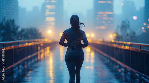 Woman jogging in the rain against a city skyline at night  