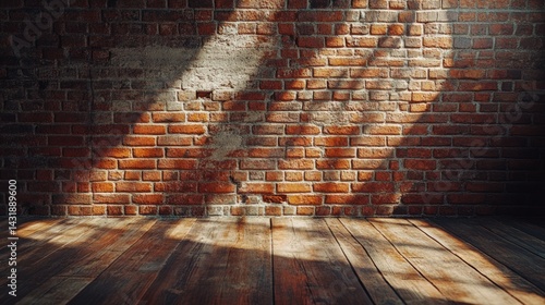 Fototapeta Naklejka Na Ścianę i Meble -  Interior space with sunbeams filtering through brick wall onto wooden floor