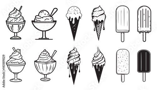 Black and White Ice Cream Vector Set – Monochrome Vector Illustrations of Sundaes, Cones, and Popsicles for Retro and Minimal Designs
