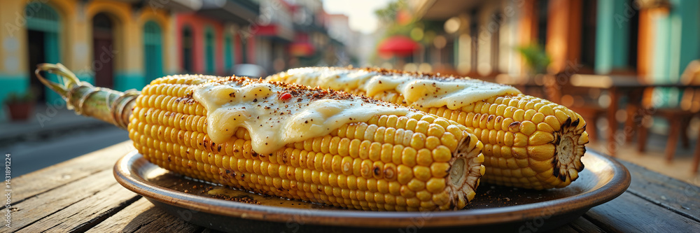 corn under cheese with pepper on a table in a street cafe, Cuba traditional food