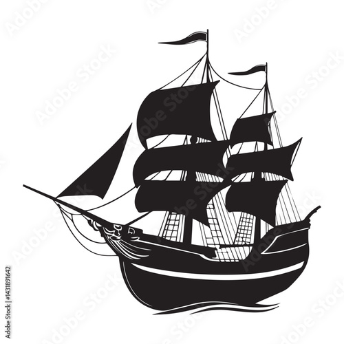 Pirate Ship with Full Black Sails – Bold Nautical Vector Illustration