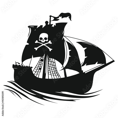 Pirate Ship Silhouette with Skull Flag – Black Flag Ship Vector