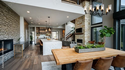 Wallpaper Mural Open-concept modern farmhouse interior with large windows, stone fireplace, hardwood floors, and a spacious kitchen and dining area Torontodigital.ca