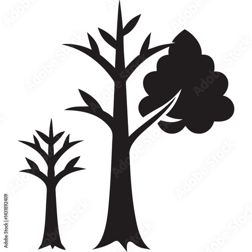 A young sapling growing beside a mature, leafy tree, symbolizing growth and the passage of time in bold black silhouettes against a clean white background.