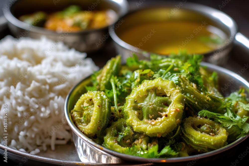 Coriander-Garnished Bitter Gourd Sabzi Served in Homestyle Thali Setup Coriander-Garnished Bitter Gourd Sabzi Served in Homestyle Thali Setup