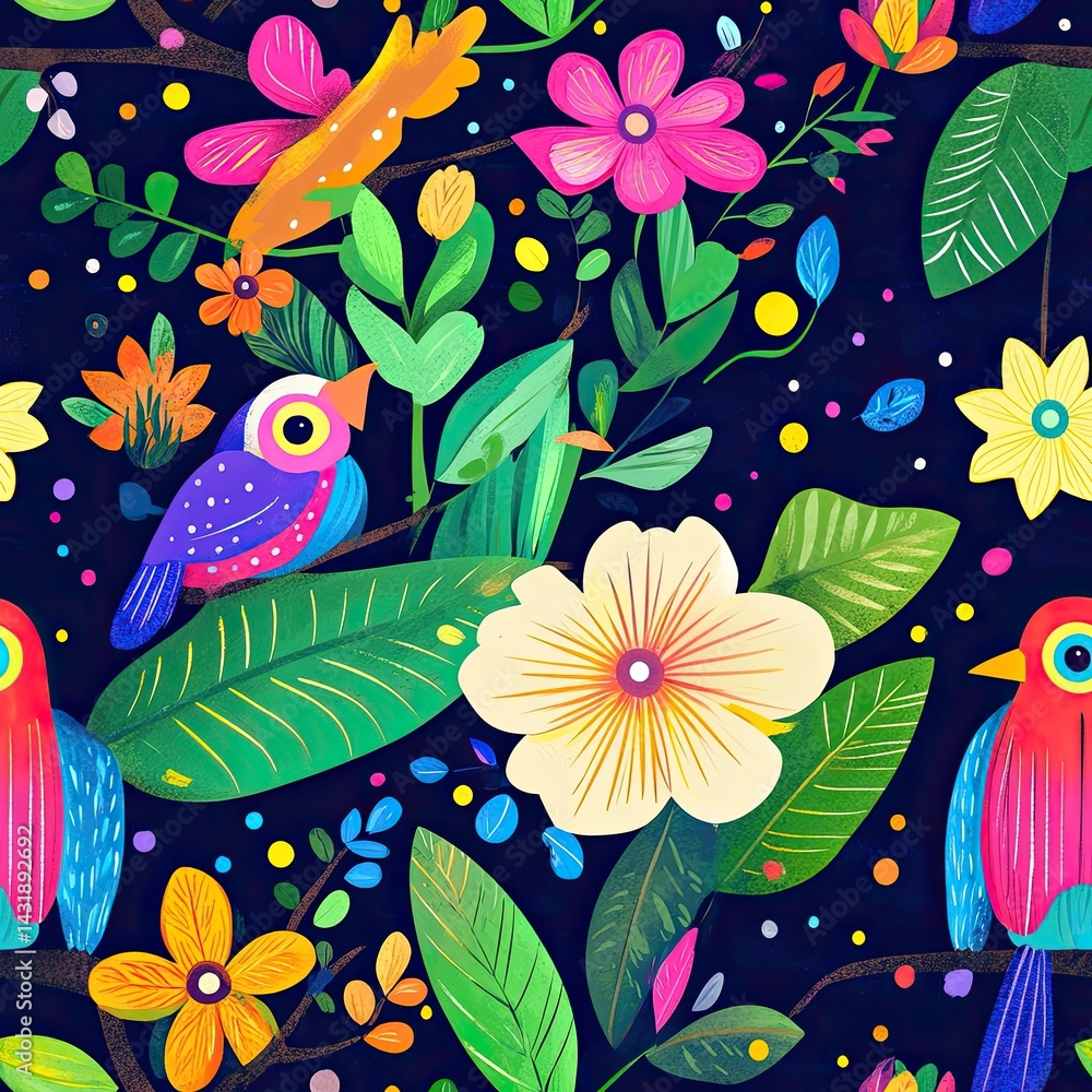 Vibrant Tropical Birds and Flowers Seamless Pattern Design: A Colorful Illustration of Exotic Avian Life Amongst Lush Foliage Vibrant Tropical Birds and Flowers Seamless Pattern Design: A Colorful Illustration of Exotic Avian Life Amongst Lush Foliage