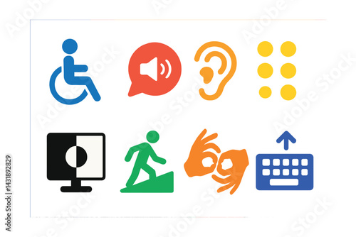 Flat vector icons of accessibility features: wheelchair icon, text-to-speech, hearing aid, braille pattern, high-contrast UI, ramp symbol, sign language, keyboard nav.