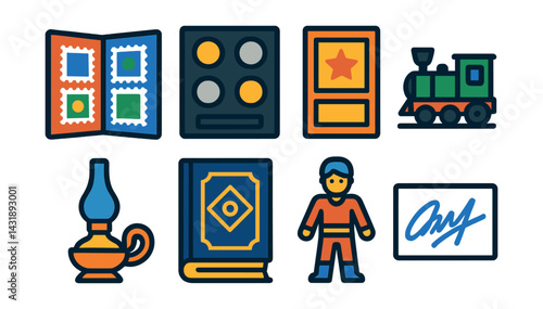 Flat vector icons of collectible items: stamp album, coin case, trading card, model train, antique lamp, rare book, action figure, autograph.