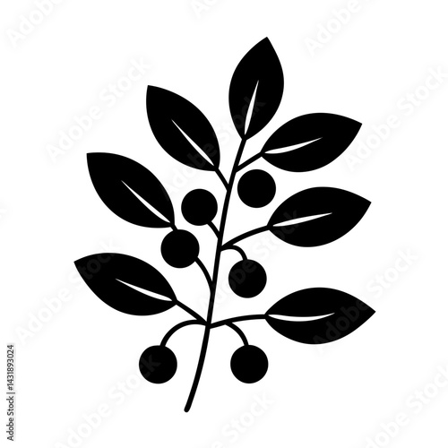 Green vector illustration of an olive tree branch with leaves and fruit, symbolizing organic nature