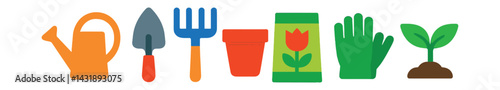 Flat vector icons of gardening tools: watering can, trowel, rake, flowerpot, seed packet, gloves, compost bin, plant sprout.