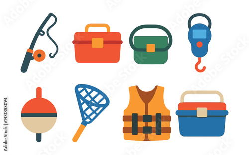 Flat vector icons of fishing equipment: fishing rod, bait box, tackle bag, fish scale, bobber, net, life vest, cooler box.