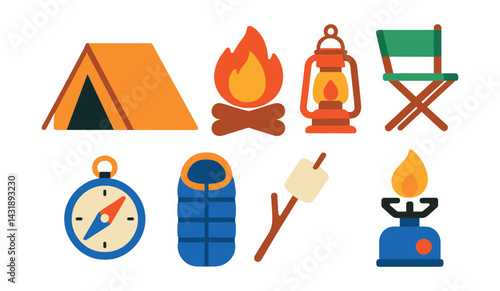Flat vector icons of camping essentials: tent, campfire, lantern, folding chair, compass, sleeping bag, marshmallow stick, portable stove.