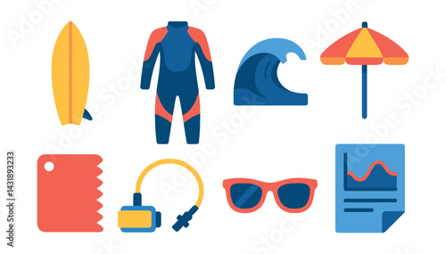 Flat vector icons of surfing lifestyle: surfboard, wetsuit, ocean wave, beach umbrella, wax comb, ankle leash, sunglasses, tide chart.