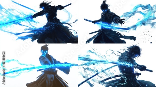 Four dynamic poses of a samurai wielding glowing blue swords.