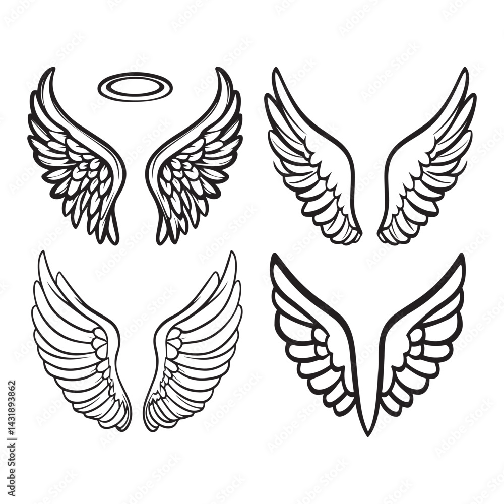 Obraz premium Angel Wings with Halo – Hand-Drawn Line Art Vector Set