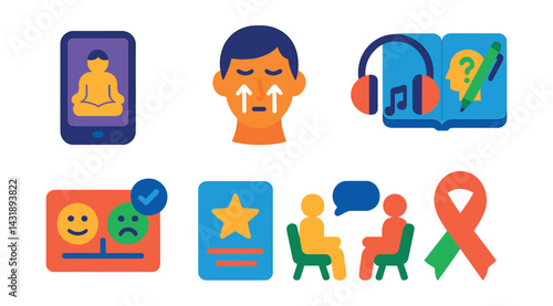 Flat vector icons of mental wellness: meditation app, breathing guide, calm music, self-reflection journal, mood tracker, affirmation card, therapy session, mental health ribbon.