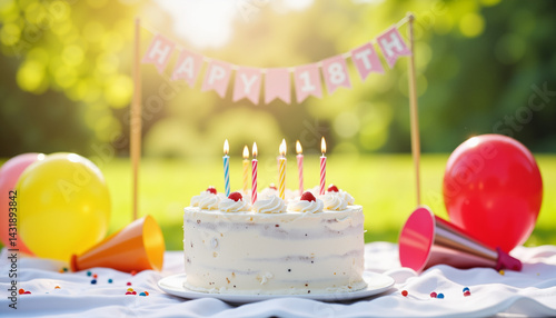 Colorful birthday cake with candles at picnic, joyful celebration