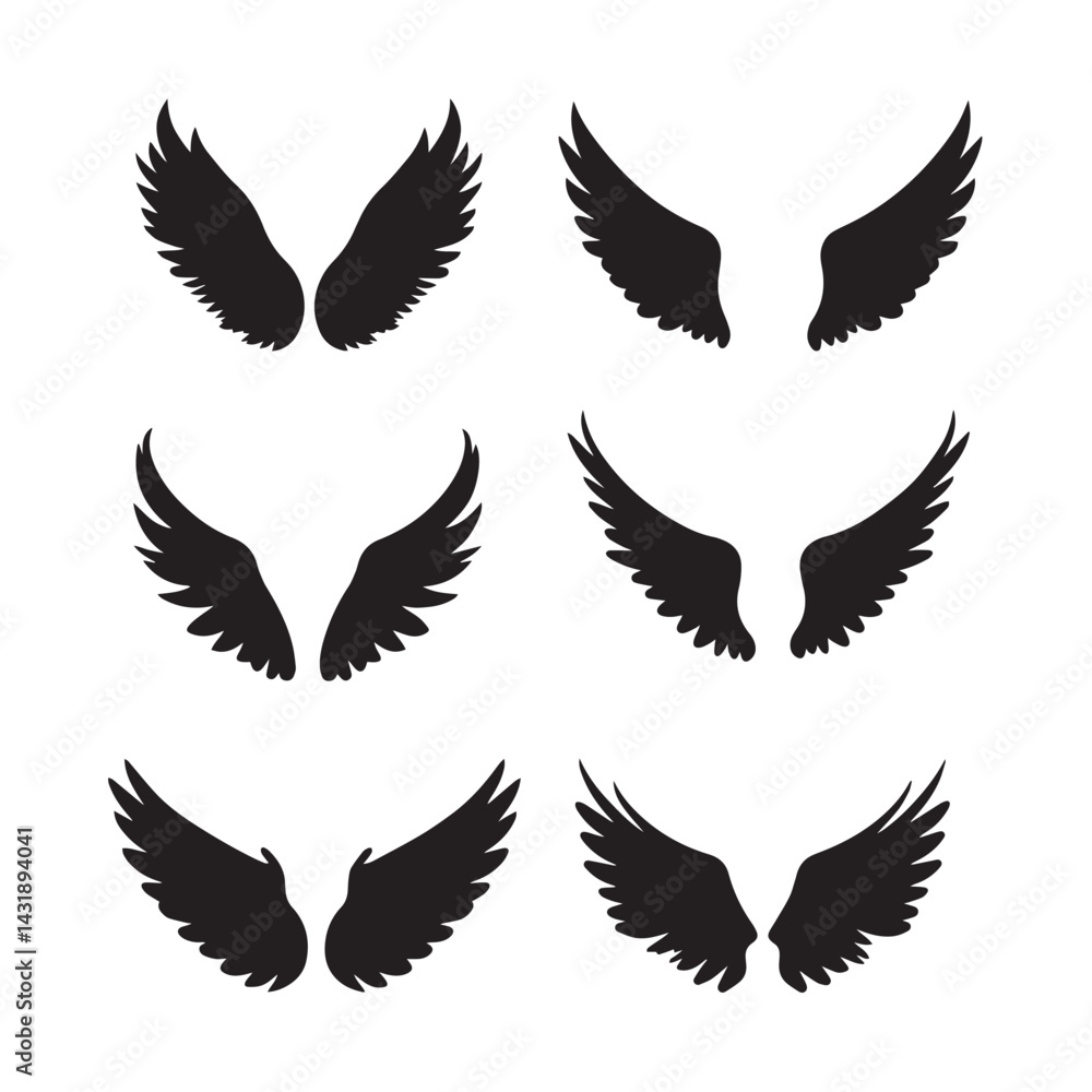 Silhouette Angel Wings Set – Spread and Folded Wing Vector Icons Silhouette Angel Wings Set – Spread and Folded Wing Vector Icons