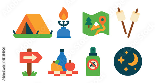 Flat vector icons of family camping trip: tent setup, camp stove, nature map, marshmallows, trail marker, picnic setup, bug spray, starry sky.