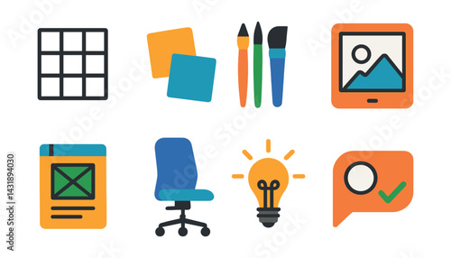Flat vector icons of creative workspace: wall grid, sticky notes, brush set, digital sketch, wireframe pad, ergonomic chair, inspiration lightbulb, design feedback.