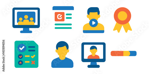 Flat vector icons of virtual education: online classroom, course module, video lecture, certificate badge, test sheet, student icon, tutor screen, learning progress bar.