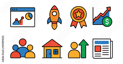 Flat vector icons of tech startup growth: analytics dashboard, viral launch, milestone badge, funding graph, team expansion, office opening, user growth, PR headlines.