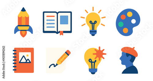 Flat vector icons of creative inspiration: pencil rocket, open journal, lightbulb burst, mood palette, notebook doodle, sketch icon, idea spark, artist profile.