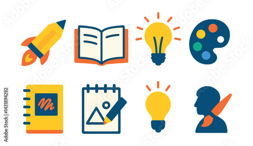 Flat vector icons of creative inspiration: pencil rocket, open journal, lightbulb burst, mood palette, notebook doodle, sketch icon, idea spark, artist profile.