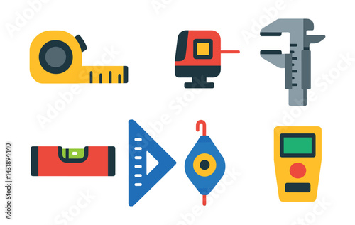 Flat vector icons of measurement tools: measuring tape, ruler, laser level, caliper, spirit level, angle square, chalk line, digital meter.