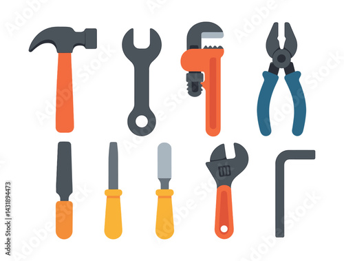 Flat vector icons of hand tools: claw hammer, wrench, pipe wrench, pliers, file, chisel, adjustable spanner, Allen key.