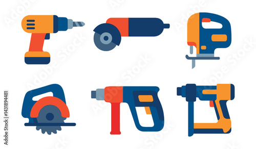 Flat vector icons of power tools: electric drill, angle grinder, cordless screwdriver, jigsaw, circular saw, heat gun, rotary hammer, nail gun.