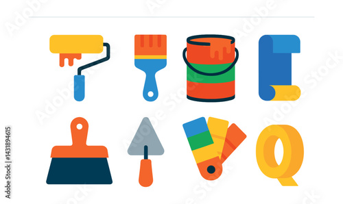 Flat vector icons of paint and finish tools: paint roller, paint brush, paint bucket, wallpaper roll, scraper, trowel, color swatch, masking tape.