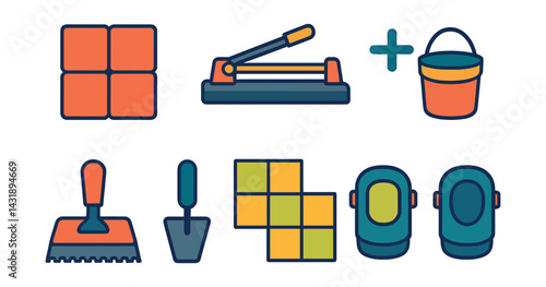 Flat vector icons of tile work: ceramic tile, tile cutter, adhesive bucket, tile spacer, grout float, trowel, tile pattern, knee pads.