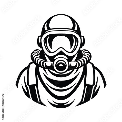 Black and White of a Figure Wearing a FullFace Gas Mask and Uniform