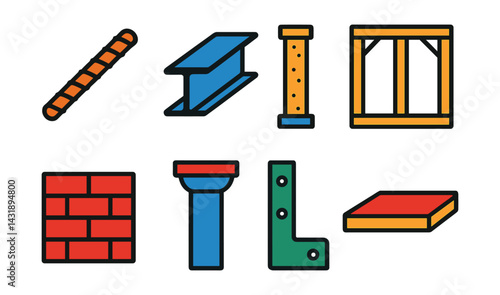Flat vector icons of structural elements: reinforcement bar, steel beam, concrete pillar, wall frame, load-bearing wall, column cap, support bracket, floor slab.